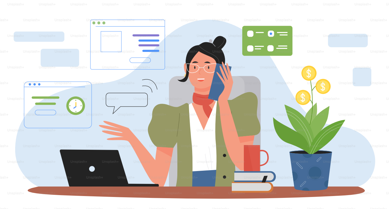 Femme travaillant à domicile en illustration vectoriel. Jeune personnage féminin de dessins animés assis à table, travail à domicile avec ordinateur portable, résolvant des tâches professionnelles, travail à distance d’une femme d’affaires heureuse