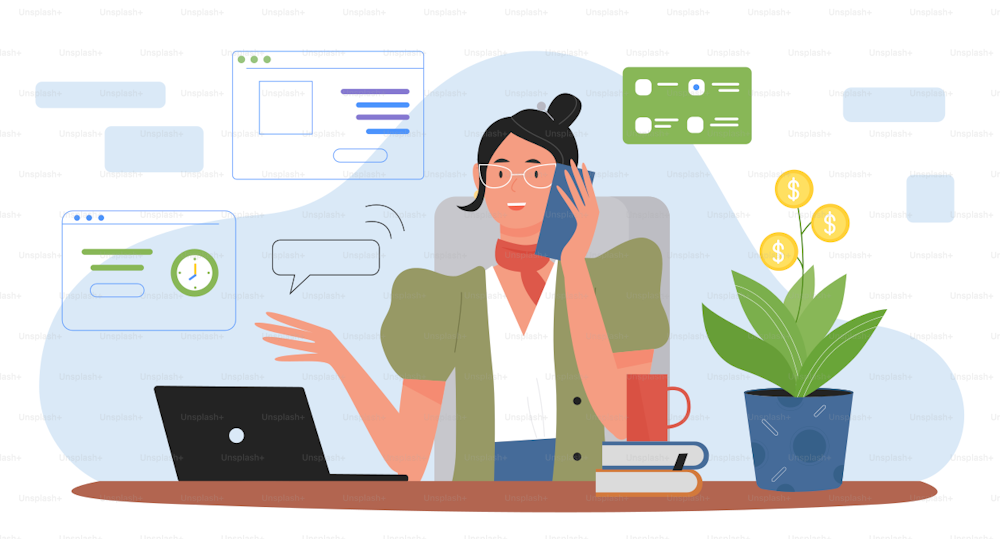 Woman working at home vector illustration. Cartoon young female character sitting at table, home workplace with laptop, solving business work tasks, remote job of happy businesswoman background