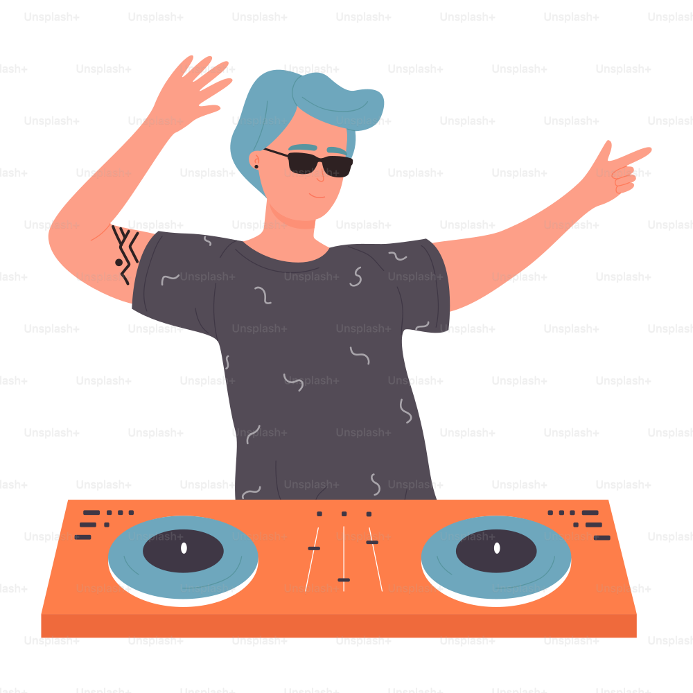 Giovane DJ con gli occhiali da sole sull'illustrazione vettoriale della festa musicale. Personaggio DJ maschio che balla piatto del cartone animato con mixer giradischi che fa musica contemporanea nel night club, disco rotante isolato su bianco.