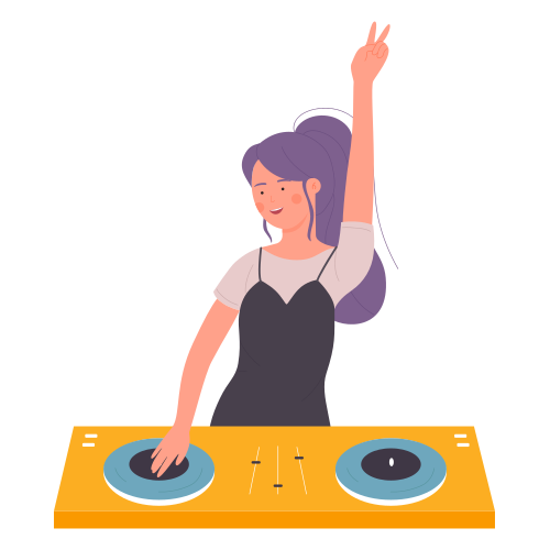 DJ beautiful young woman on musical party vector illustration. Cartoon flat female girl DJ character with turntable mixer making contemporary music in night club, spinning disc isolated on white.