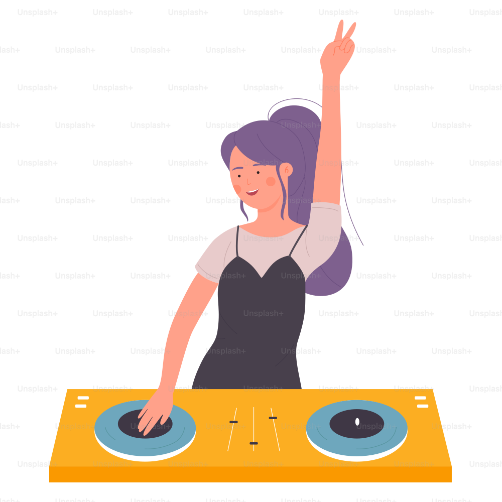 DJ bella giovane donna sull'illustrazione vettoriale della festa musicale. Personaggio DJ femminile piatto del fumetto con mixer giradischi che fa musica contemporanea nel night club, disco rotante isolato su bianco.