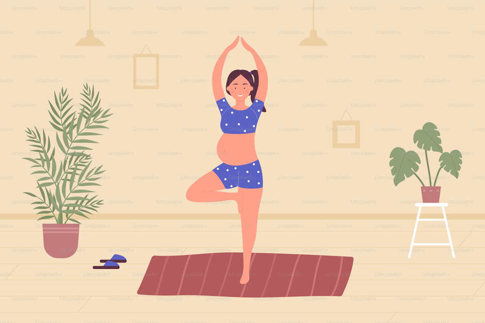 Meditación embarazo yoga ilustración de vector plano. Dibujos animados hermoso personaje de mujer embarazada relajándose, meditando en la postura de asana de yoga de loto, escuchando música en el fondo interior del apartamento de la casa