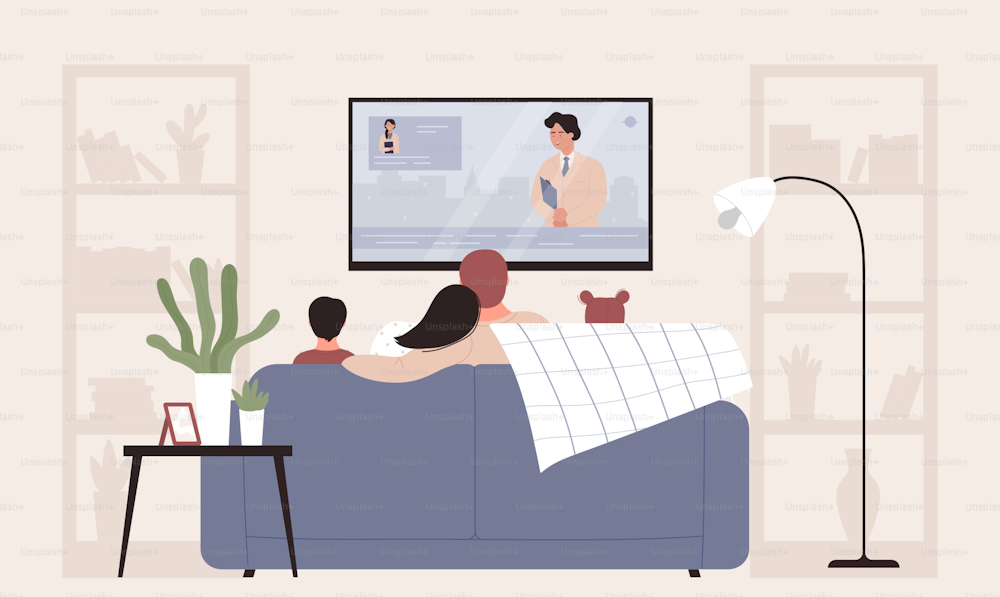 テレビのベクターイラストを見ている家族の人々。漫画の平らな母親、父親、子供のキャラクターが家のリビングルームのソファに座り、テレビのニュース番組を見て、幸せな家族の時間の背景