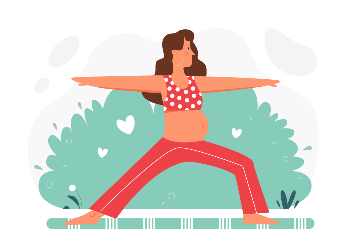 Schwangerschaftsmeditation Yoga flacher Vektor Illustration. Cartoon schöne schwangere Figur entspannt sich, meditiert in einer Yoga-Asana-Pose und hört Musik im Hintergrund der Wohnung