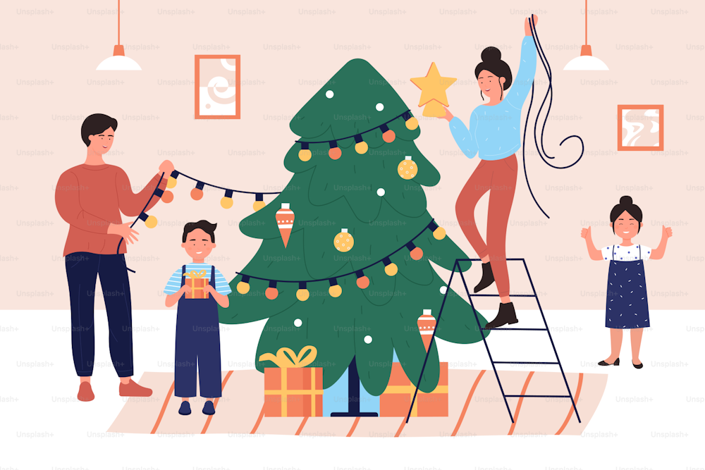 Decorate Christmas tree vector illustration. Cartoon flat mother, father and children characters decorating Xmas tree and home room apartment with festive star balls and garland decoration background