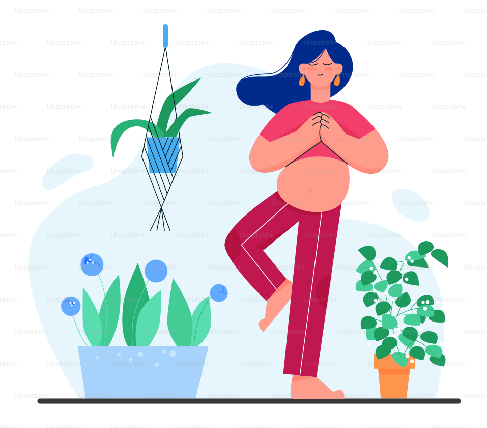 Pregnancy meditation yoga flat vector illustration. Cartoon beautiful pregnant woman character relaxing, meditating in lotus yoga asana pose, listening to music in home apartment interior background