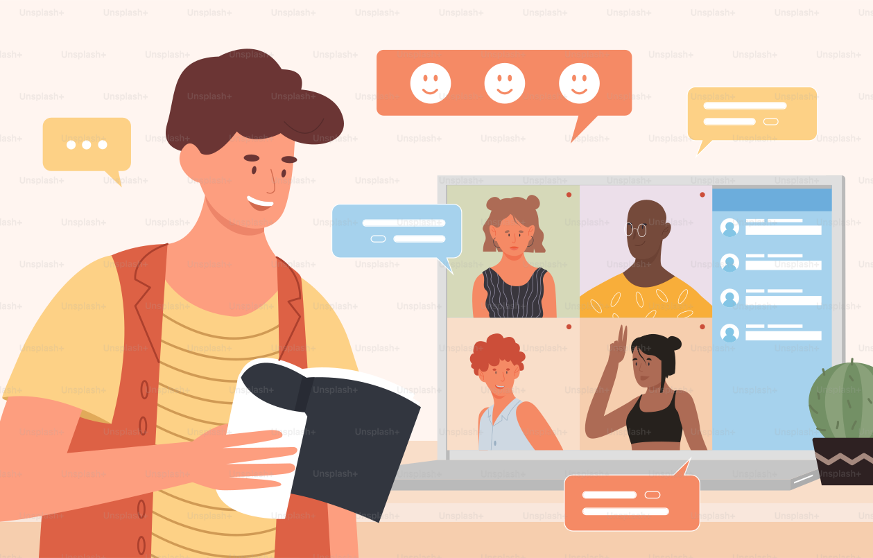 Online video chat flat vector illustration. Cartoon happy young friend characters chatting in videoconference desktop app, communicating in social media, modern technology communication background