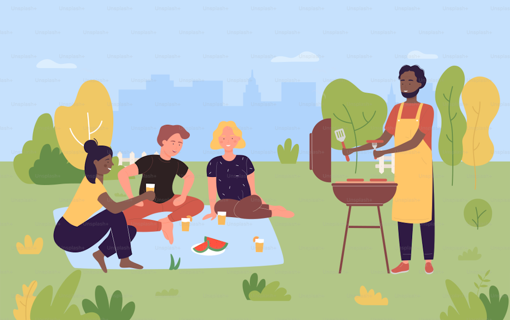 People on outdoor picnic party vector illustration. Cartoon happy young friend group of characters grilling meat, cooking grilled barbecue sausages, bbq food on grill in summer nature background