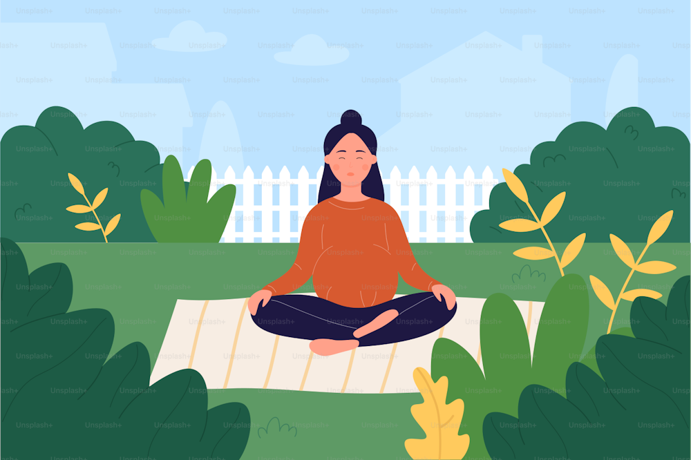 Prenatal yoga vector illustration. Cartoon pregnant woman character taking care of mental and physical health, doing lotus yoga asana pose in garden, pregnancy healthy lifestyle workout background