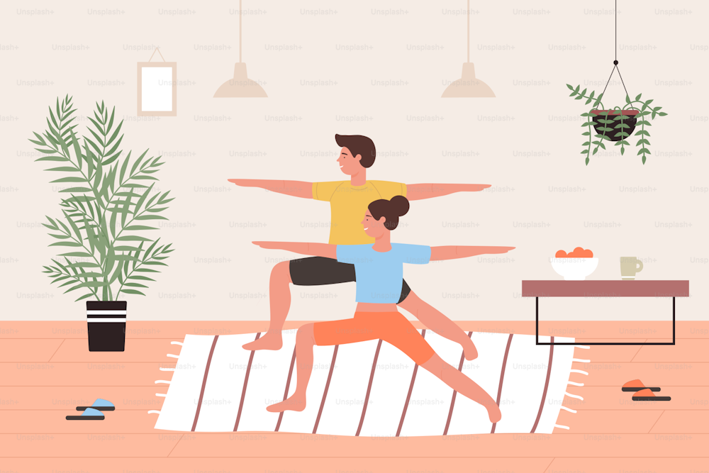 Couple yoga exercises vector illustration. Cartoon lover or friends people doing yoga asana pose, workout in home interior of living room, active man woman character exercising together background