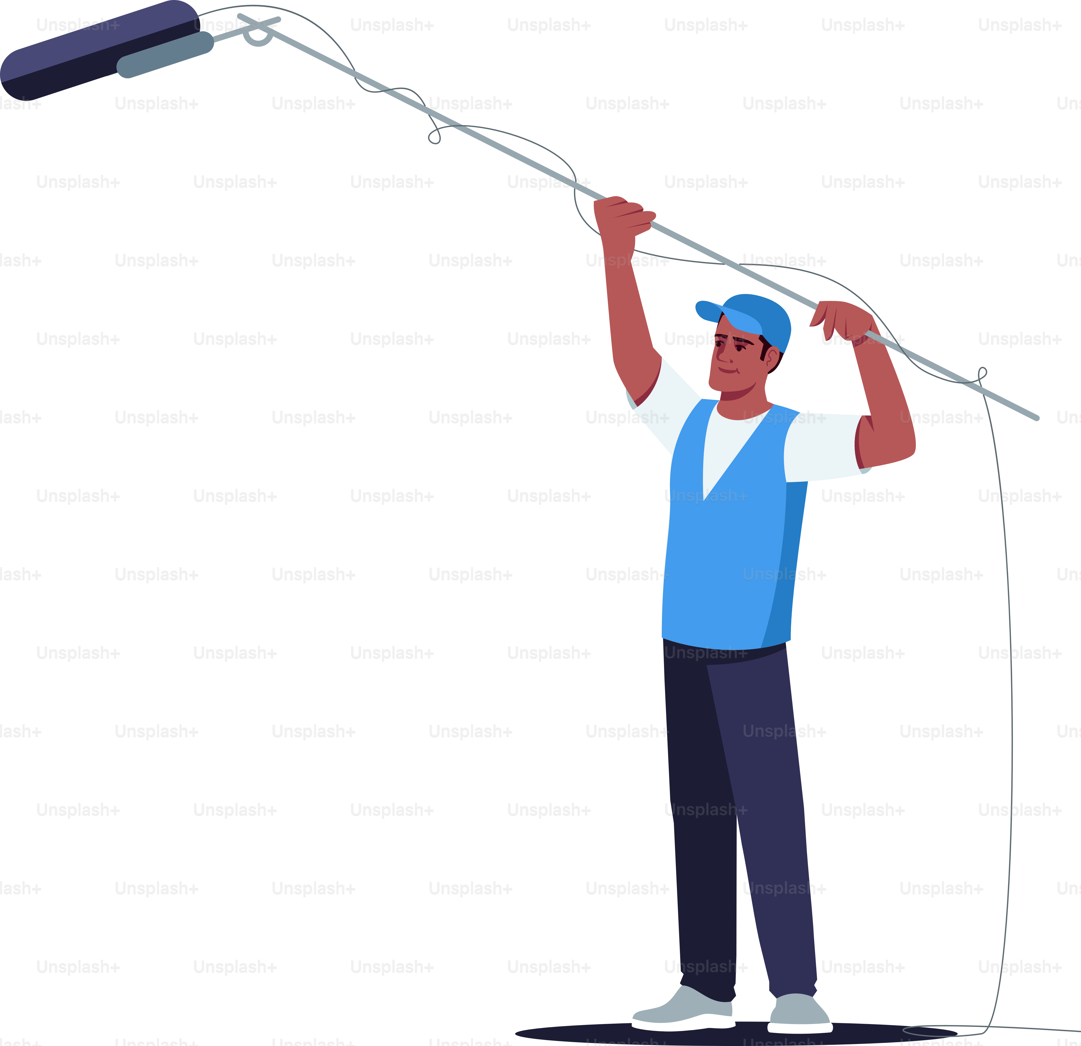 Sound engineer semi flat RGB color vector illustration. Movie filming team member. Person who works with microphone. Film creation process. isolated cartoon character on white background