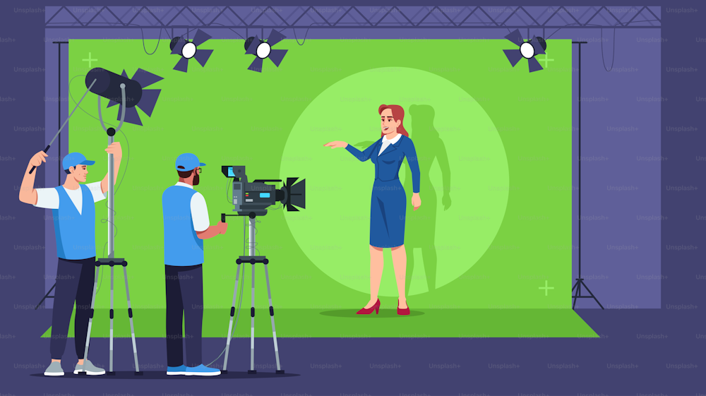 Broadcasting semi flat vector illustration. Television studio interior. Professional equipment for content creation. Live video. Breaking news 2D cartoon characters for commercial use