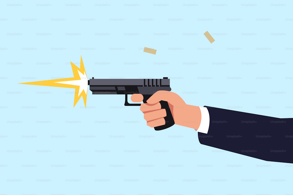 Shooting pistol semi flat RGB color vector illustration. Special effects creation process. Realistic shooting. Content filming. Action movie isolated cartoon object on blue background