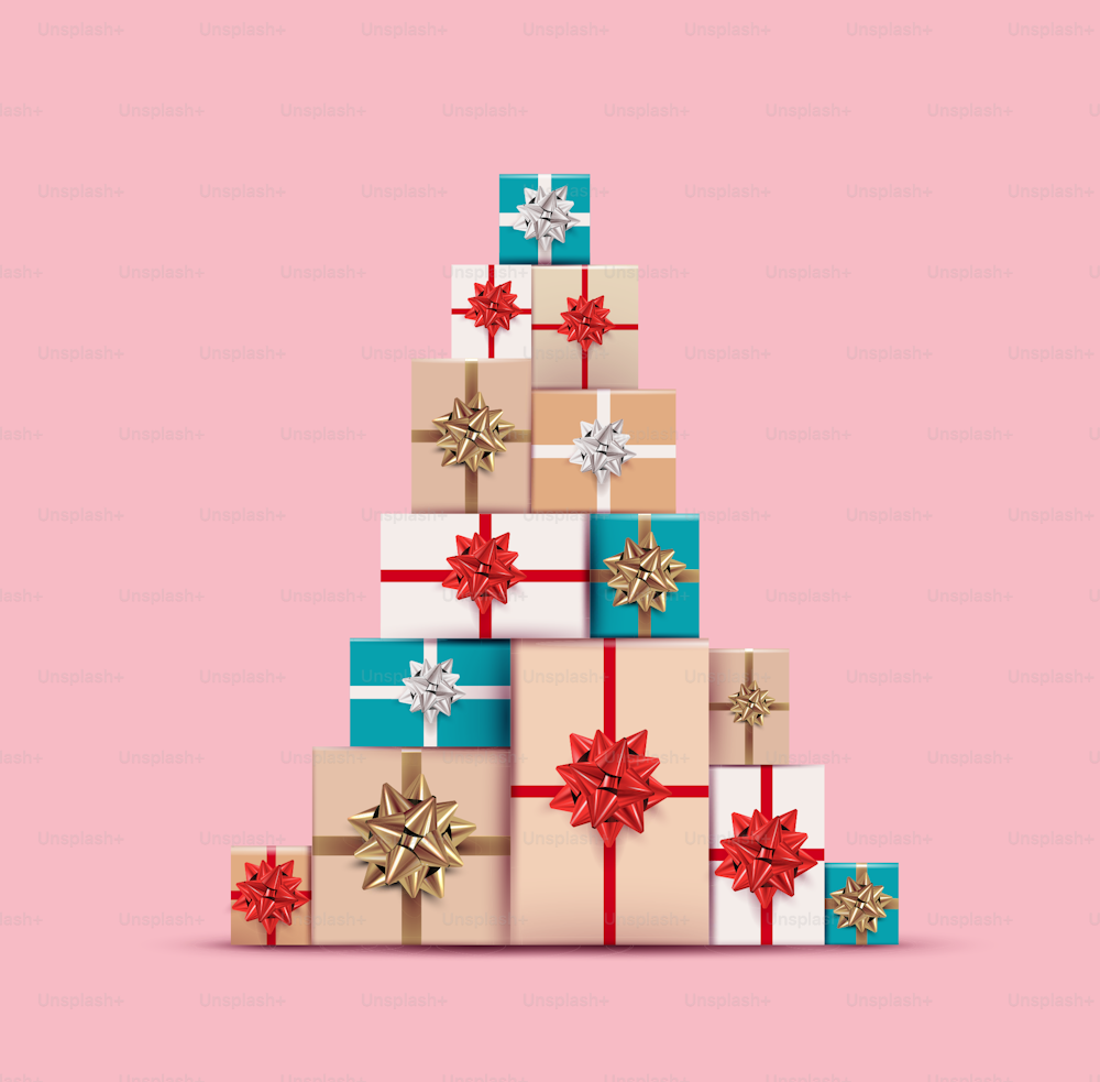 Christmas gifts or present colored boxes laid out in christmas tree shape isolated on pink background. Realistic vector eps 10 illustration for christmas banner or flyer design.