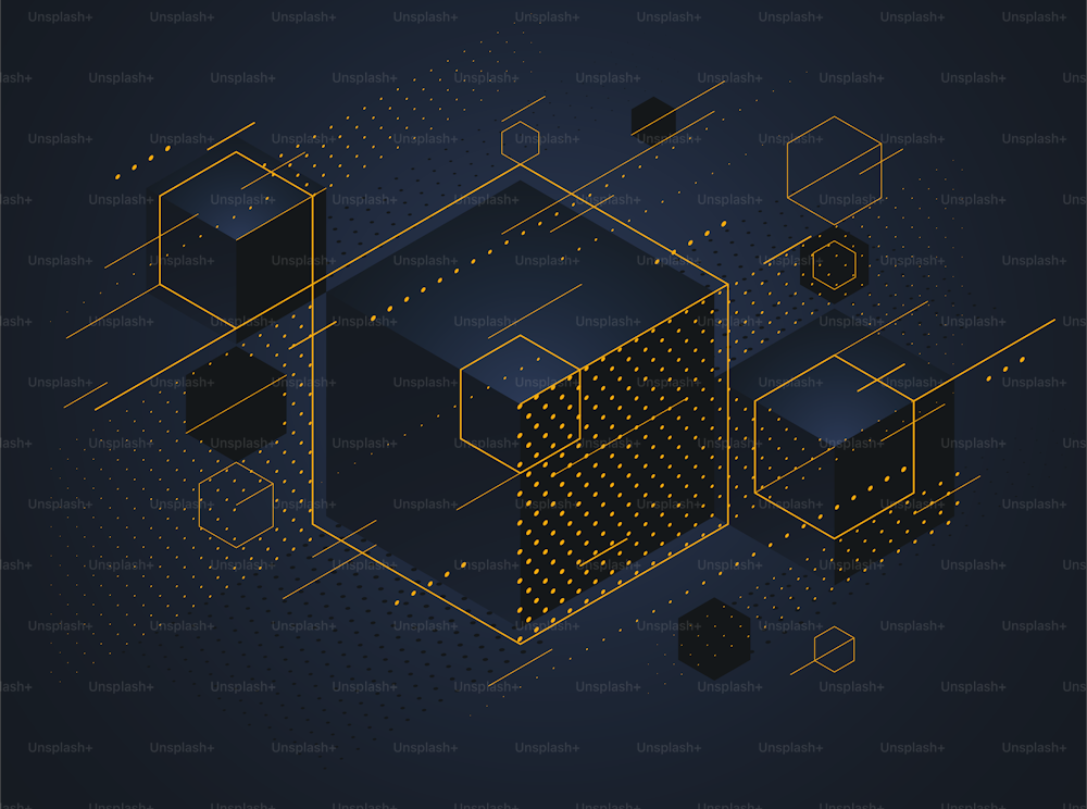 金色のエレメントのベクター画像背景に黒い3Dキューブのクラスターを持つ抽象的なベクター画像デザイン、ロイヤルエリートの高級幾何学的イラストは、現代のジュエリー広告に使用できます。