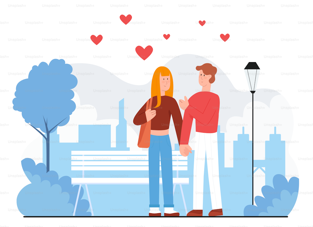 Couple people walk outdoor vector illustration. Cartoon happy young woman man lover characters holding hand together, adult persons walking on city street with loving hearts overhead isolated on white
