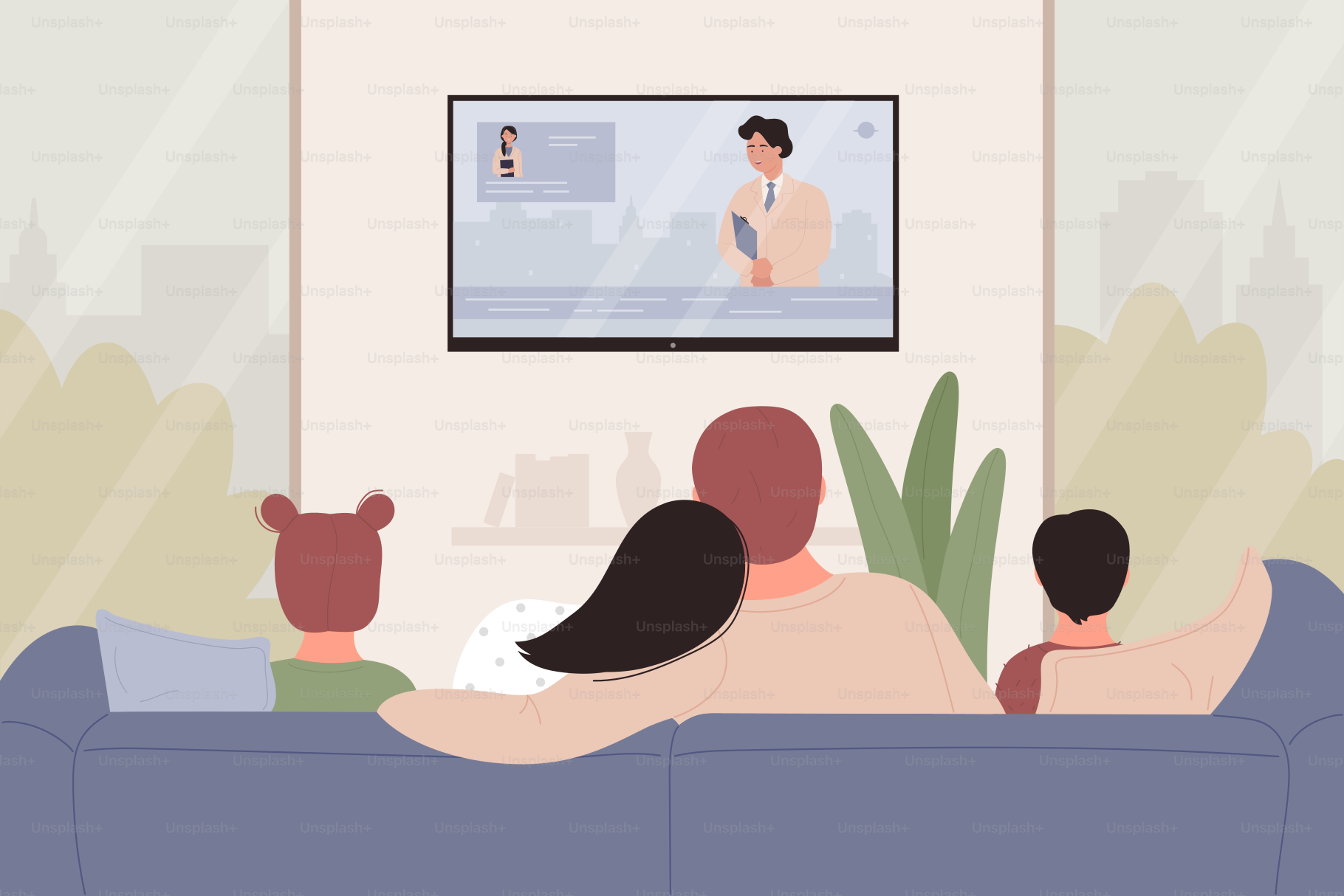 Happy family with kids sitting on sofa together and watching TV news or movie in living room vector illustration