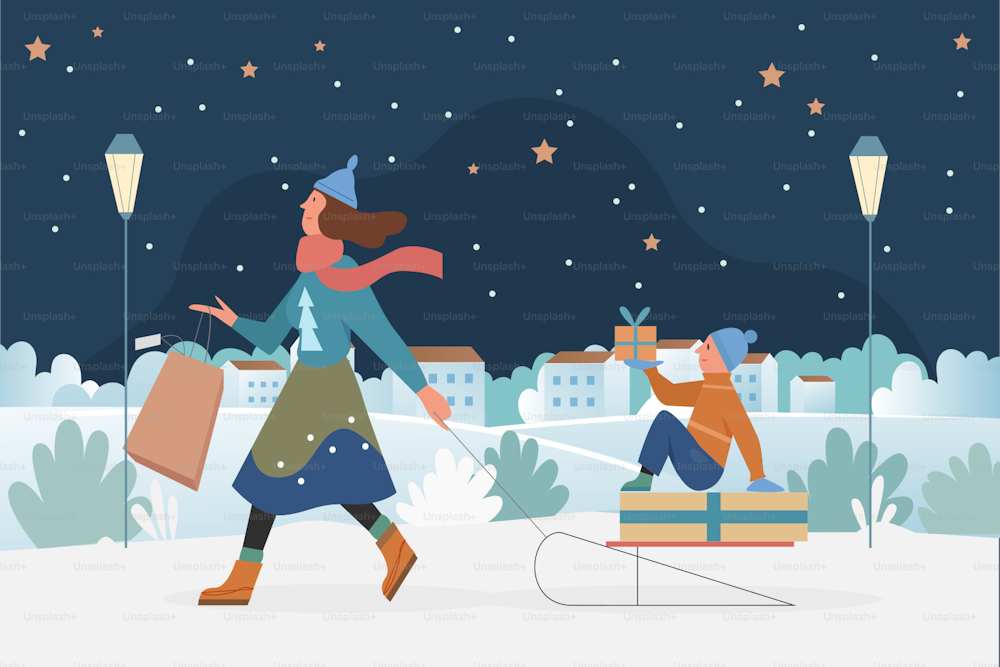 Family people sledding, Christmas outdoor activity vector illustration. Cartoon mother with kid son enjoying sleigh ride, holding shopping bags with gifts to celebrate winter xmas holidays background