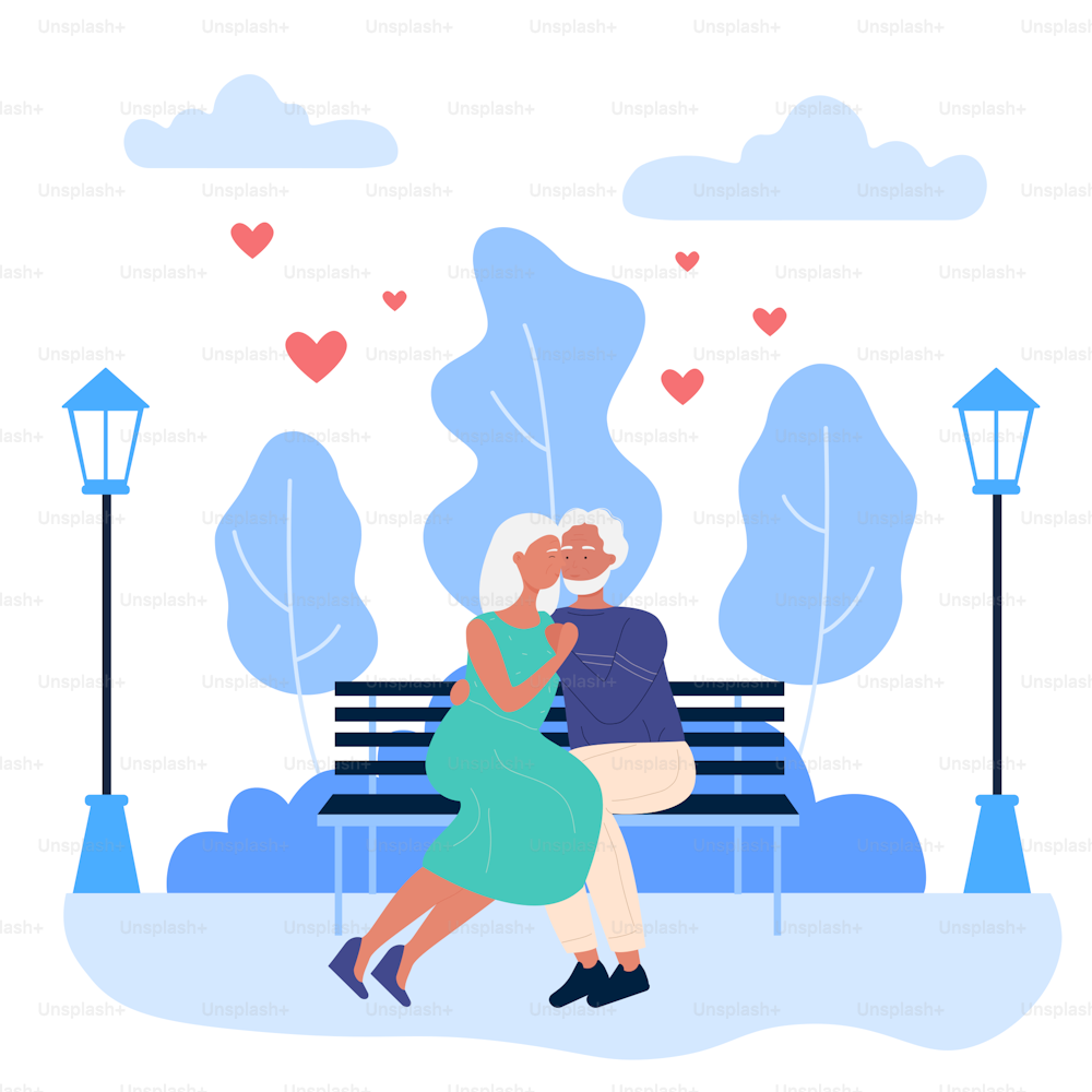 Elderly happy couple people on romantic dating in park vector illustration. Cartoon lover senior woman man in love having loving date at night, sitting on city urban park bench and hugging background