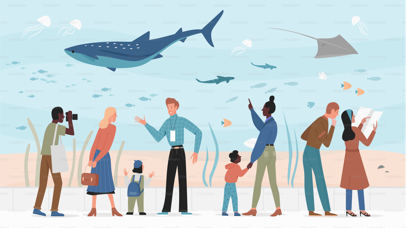 People in oceanarium vector illustration. Cartoon woman man parents with children visiting zoo oceanarium, family characters watching on swimming in aquarium underwater ocean or sea animals background
