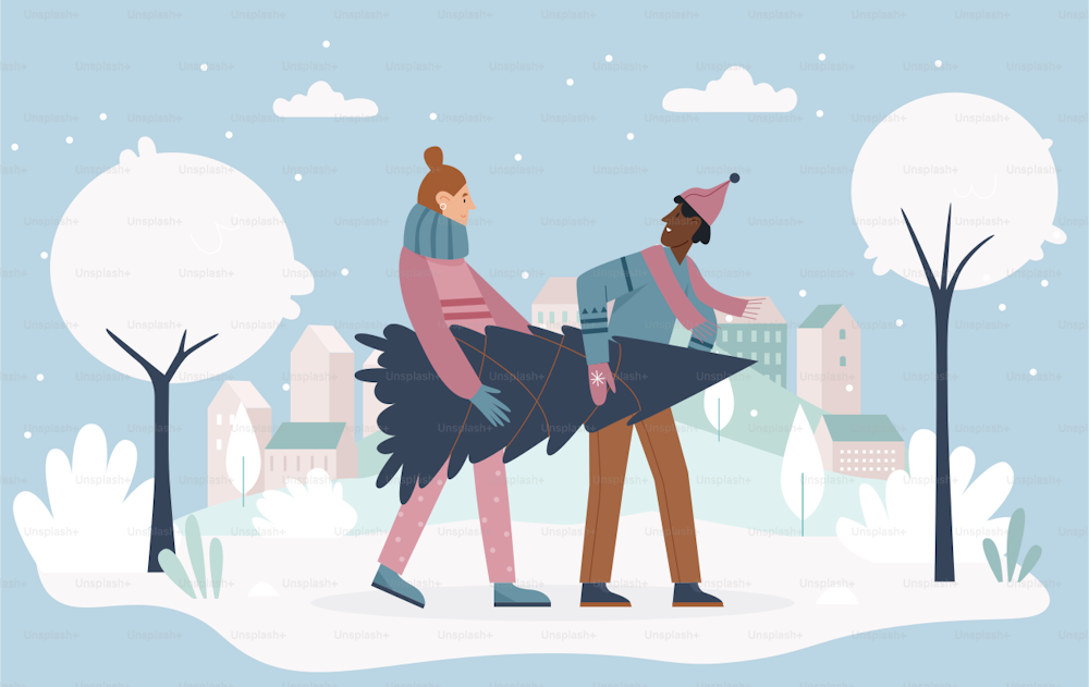 People holding Christmas tree vector illustration. Cartoon couple man woman characters carrying Christmas tree from festival seasonal market, for celebrating winter xmas holidays at home background