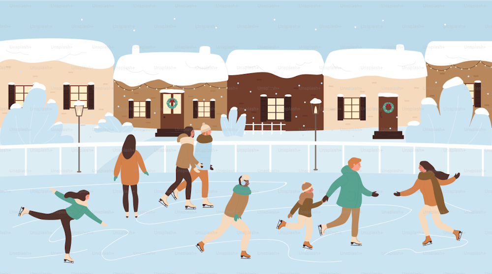Happy people skating on ice rink vector illustration. Cartoon skater characters wearing skates, enjoy Christmas and New Years holiday activity and outdoor family winter xmas event concept background