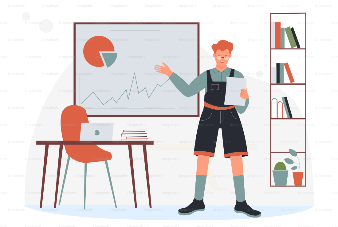 Student boy studying in classroom vector illustration. Cartoon college or university male student training, showing diagram chart data analysis on whiteboard in class room interior isolated on white