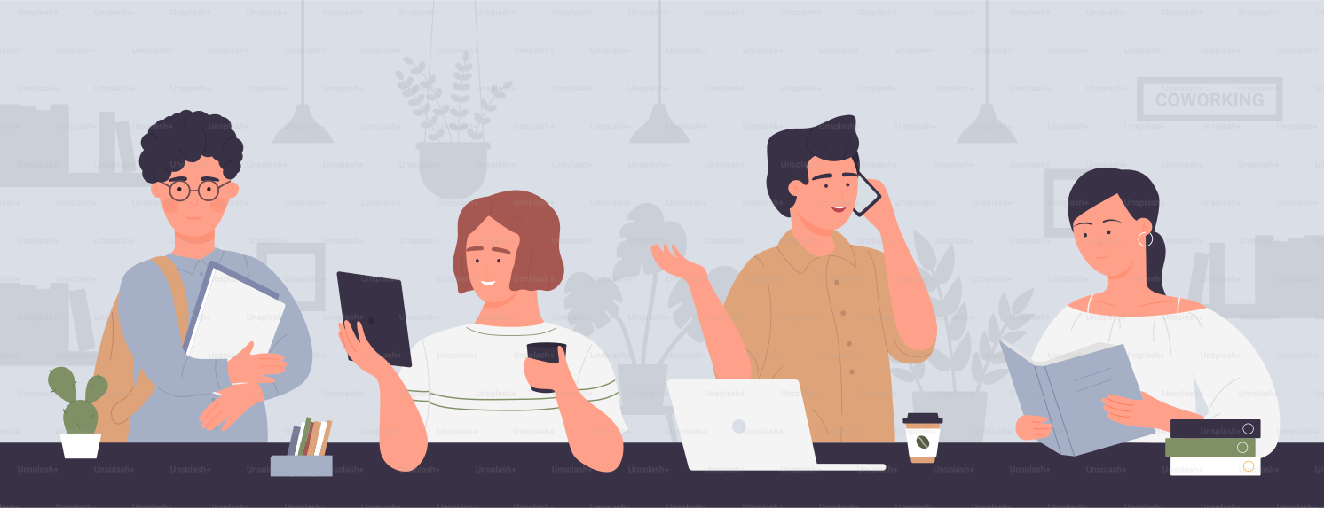 Illustrazione vettoriale di area di coworking space. Appartamenti animati con giovani creativi imprenditori che si incontrano e sorridono, lavorano a tavola con laptop, tablet o smartphone, ambienti moderni in ufficio