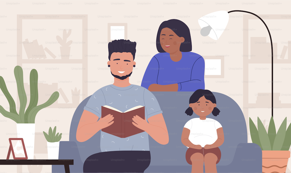 Father reading book for family vector illustration. Cartoon dad, mother and girl child sitting at cozy sofa, storytelling, reading story book or fairy tale, happy childhood and fatherhood background