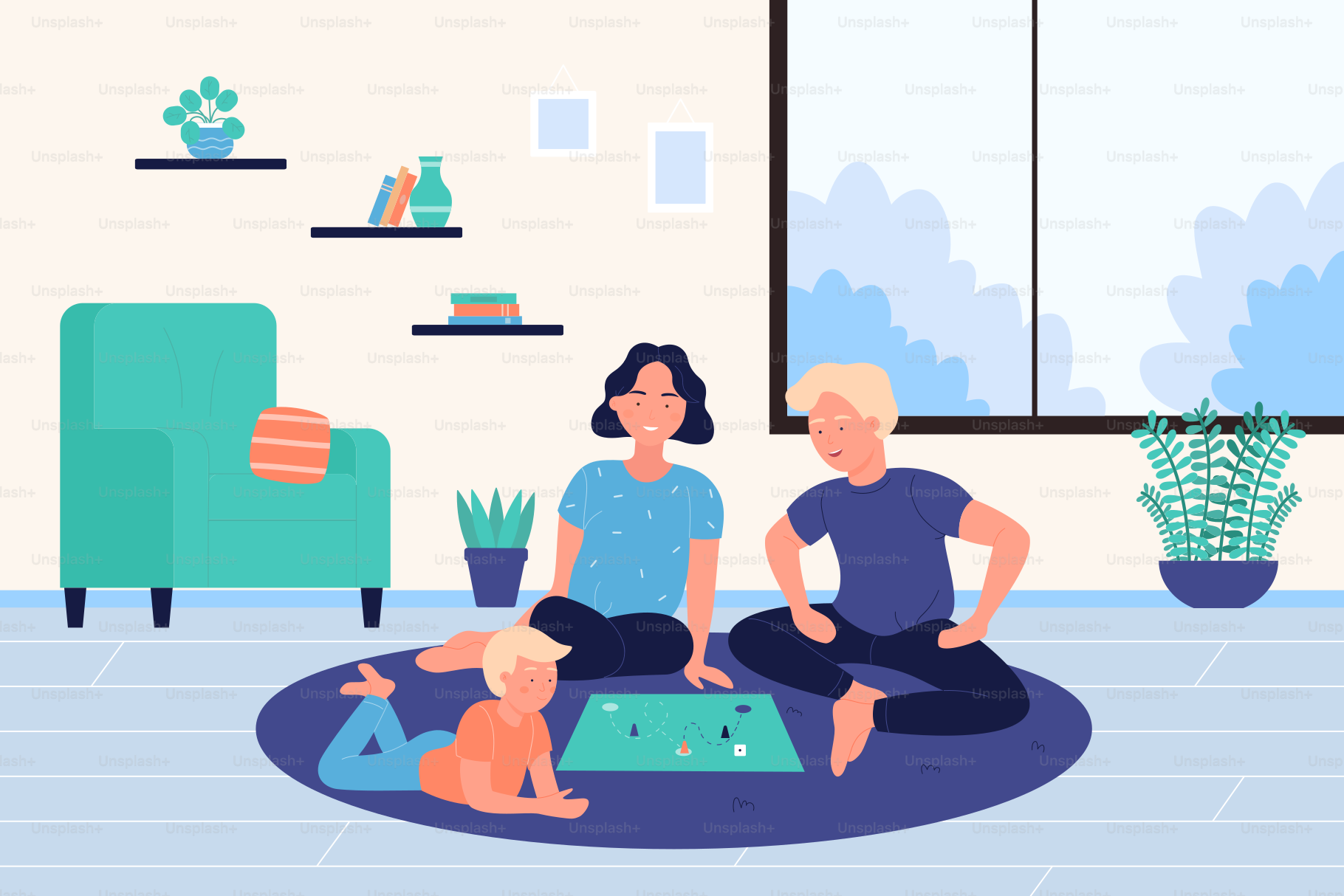 Family people play board game at home vector illustration. Cartoon mother, father and child characters playing together, sitting on living room floor during winter holidays. Happy childhood background