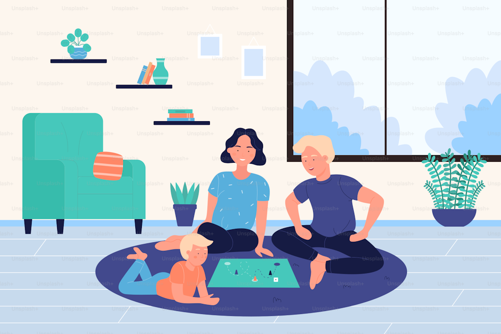 Family people play board game at home vector illustration. Cartoon mother, father and child characters playing together, sitting on living room floor during winter holidays. Happy childhood background