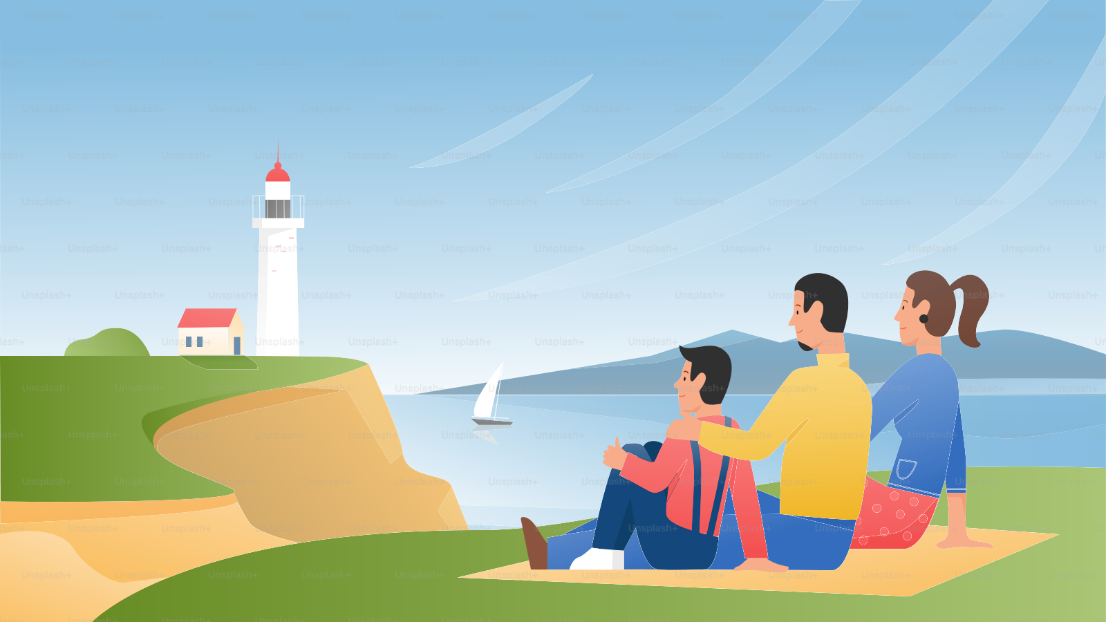 Family people enjoy nature landscape and lighthouse view vector illustration. Cartoon mother, father and child characters sitting on green grass sea shore, enjoying seascape with beacon background