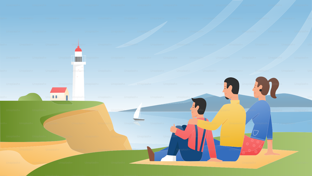 Family people enjoy nature landscape and lighthouse view vector illustration. Cartoon mother, father and child characters sitting on green grass sea shore, enjoying seascape with beacon background