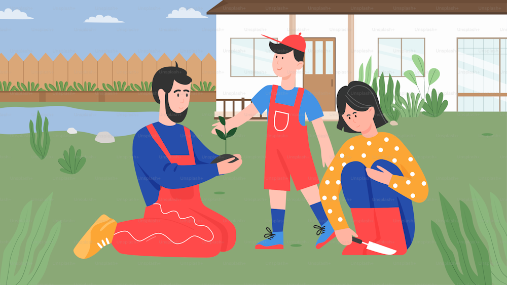 Family people planting vector illustration. Cartoon father, mother and child boy gardeners plant tree in house garden, spend time together in nature. Son kid helping parents at housework background