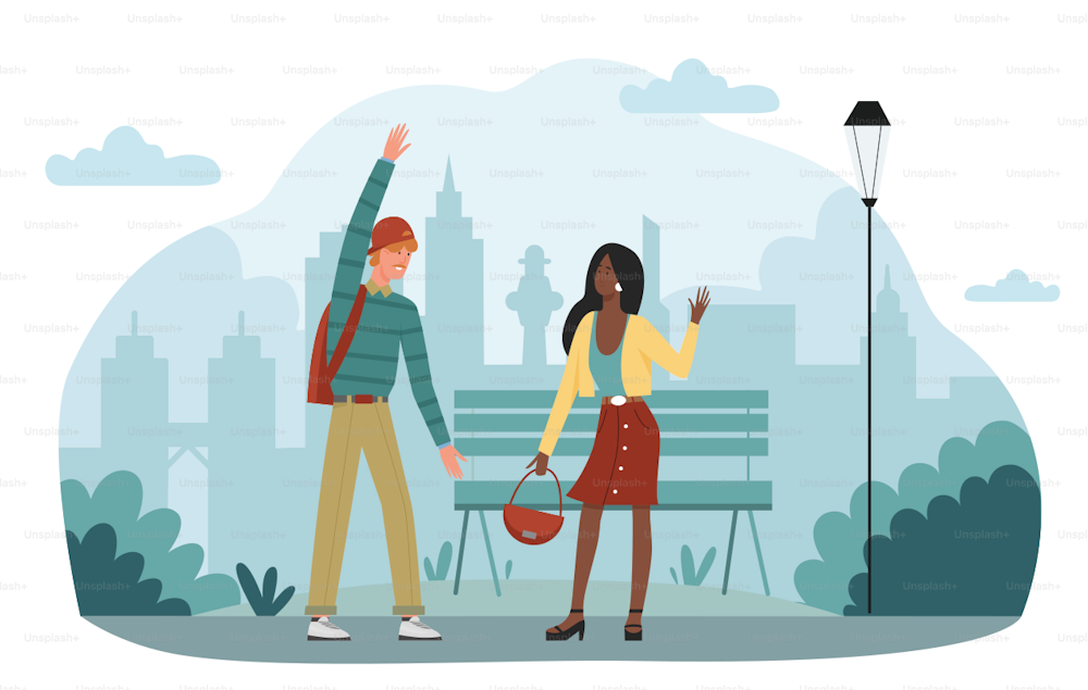 Greeting couple or friends people vector illustration. Cartoon young cheerful man woman characters waving hands, greet each other and talk, meet in city street or park cityscape isolated on white