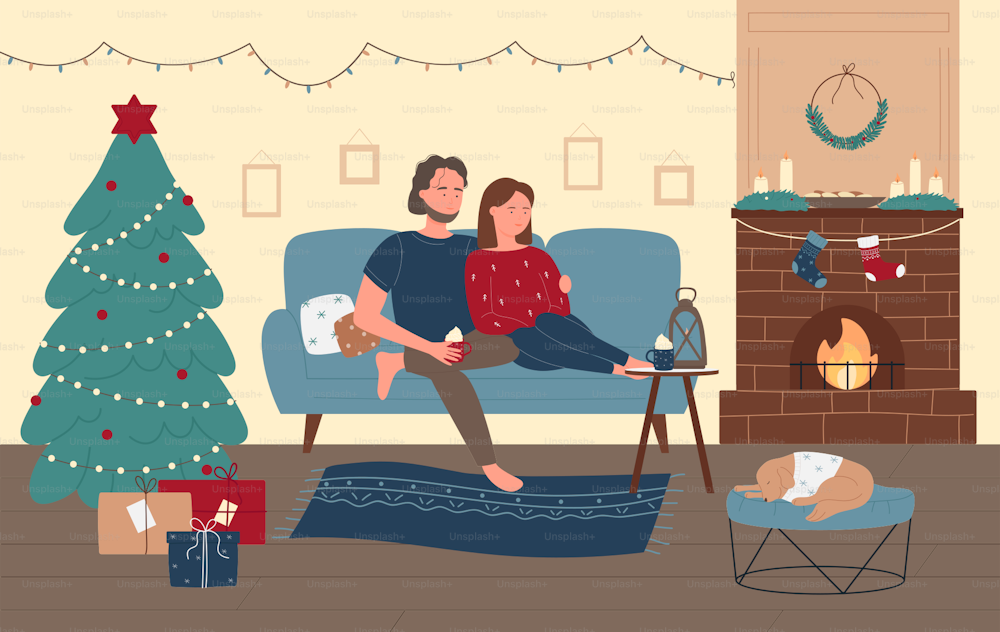 Couple people celebrate Christmas holiday season at home vector illustration. Cartoon family characters sitting together on sofa near fireplace in living room interior, xmas celebration background