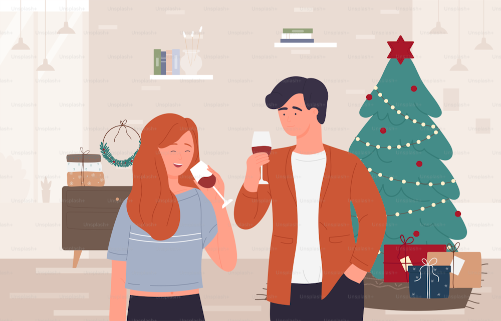 Weihnachten, frohe Neujahrsfeiertage Feier zu Hause Vektorillustration. Cartoon glückliche Mann Frau Paar Charaktere trinken Rotwein aus Gläsern und feiern im Wohnzimmer Haus Interieur Hintergrund