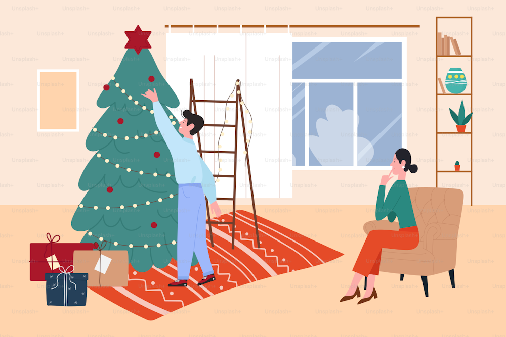Feliz pareja de personas decoran la ilustración vectorial del árbol de Navidad. Dibujos animados hombre mujer personajes de la familia decorando el árbol de Navidad para la fiesta navideña de Feliz Navidad en casa, celebrando el fondo de la víspera de Año Nuevo