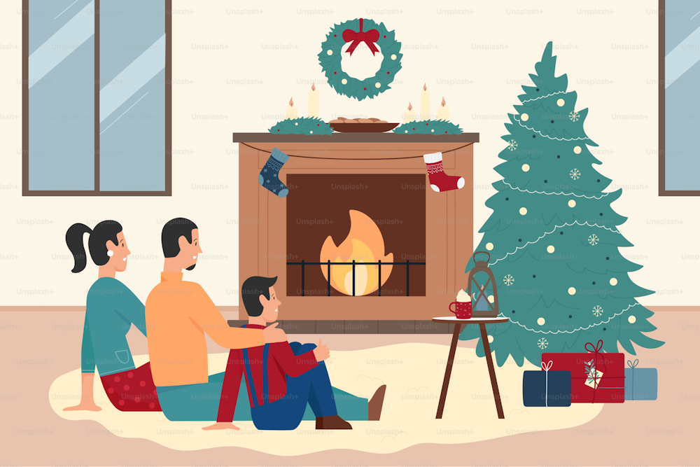 Happy family people sitting by xmas fireplace vector illustration. Cartoon mother, father and child son celebrating Merry Christmas Season and Winter New Year together near home fire place background