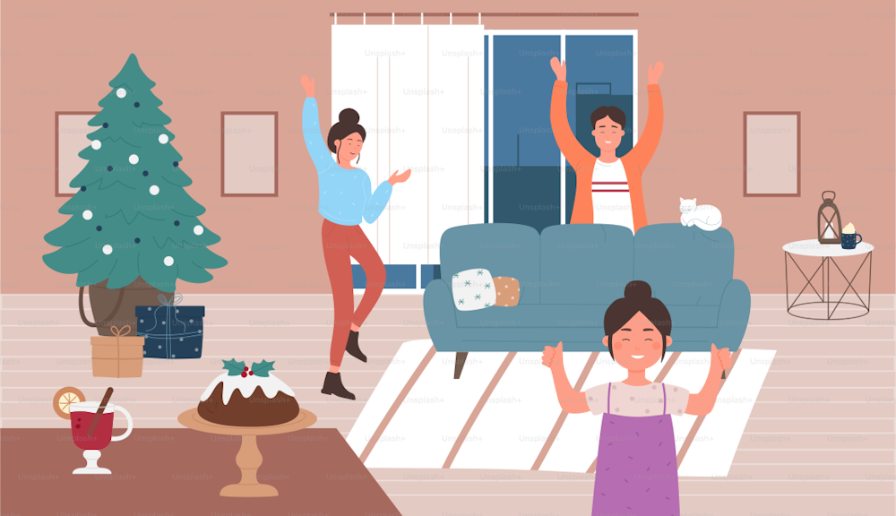 Happy family people celebrate Merry Christmas season and Happy New Year holidays vector illustration. Cartoon mother, father and daughter child dancing and celebrating at home together background