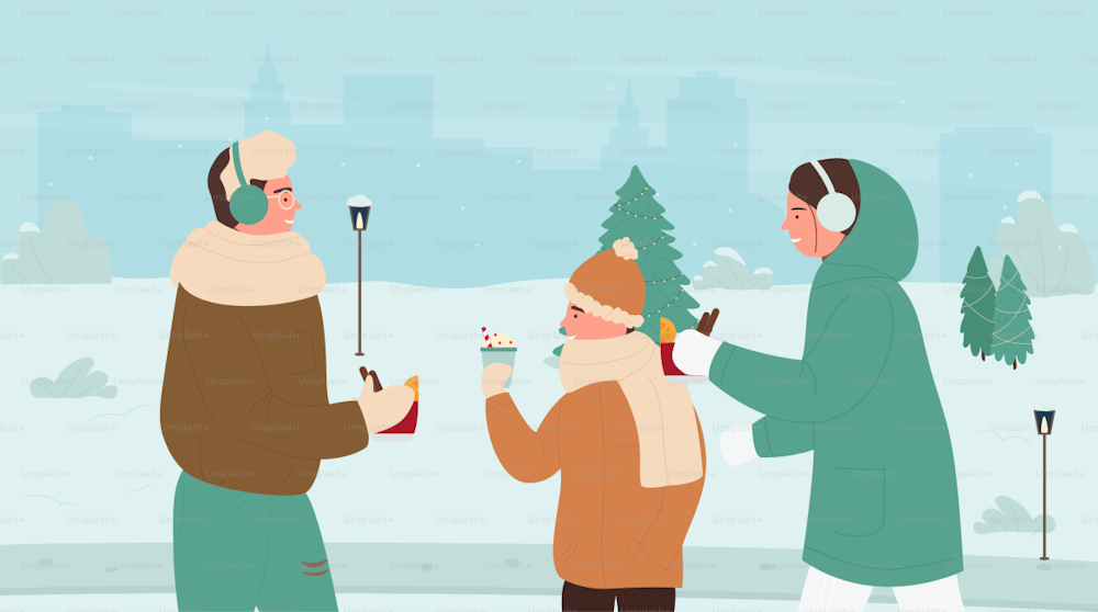 Family people drinking hot winter drinks in winter snow park landscape vector illustration. Cartoon mother, father and son boy child holding Christmas mulled wine and cocoa glasses in hands background