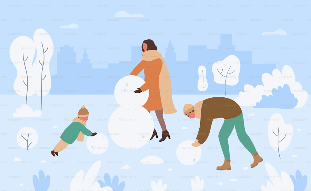 Family people making snowman in winter snow park landscape vector illustration. Cartoon mother, father and son boy child play Christmas fun game leisure activity, make snowman together background