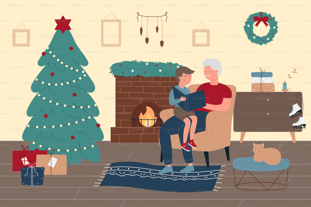 Happy family time at home in Christmas winter holiday vector illustration. Cartoon grandfather reading fairytale story book to kid boy, sitting in fireplace armchair next to Christmas tree background