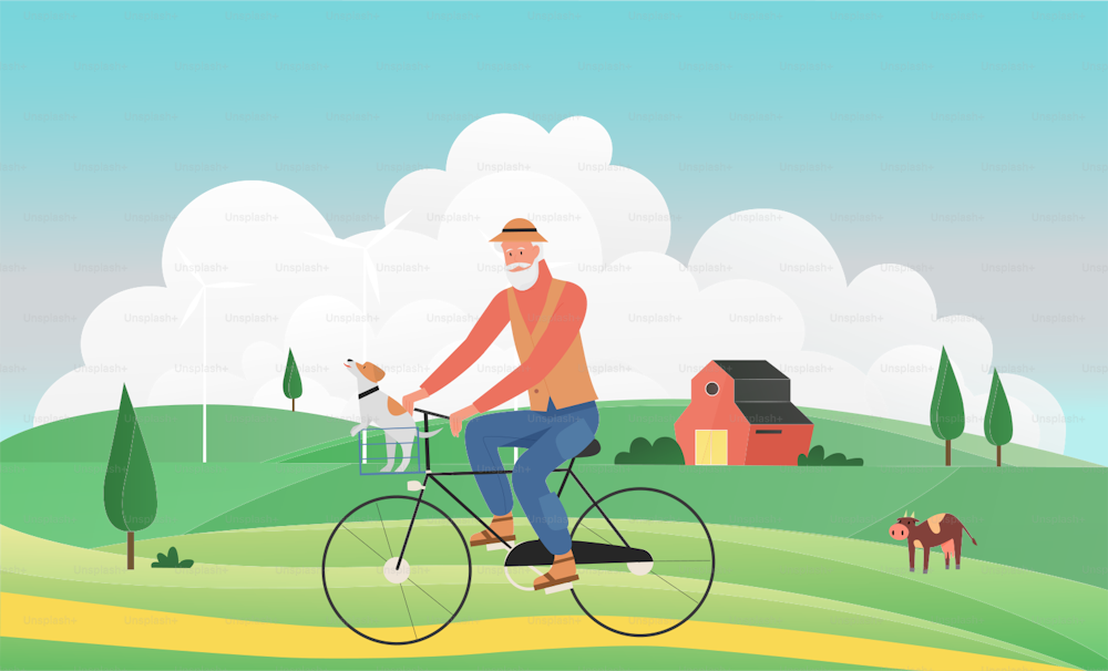 Healthy active lifestyle for senior people vector illustration. Cartoon old man cyclist character riding bicycle bike, older rider lady cycling on rural road in summer village landscape background