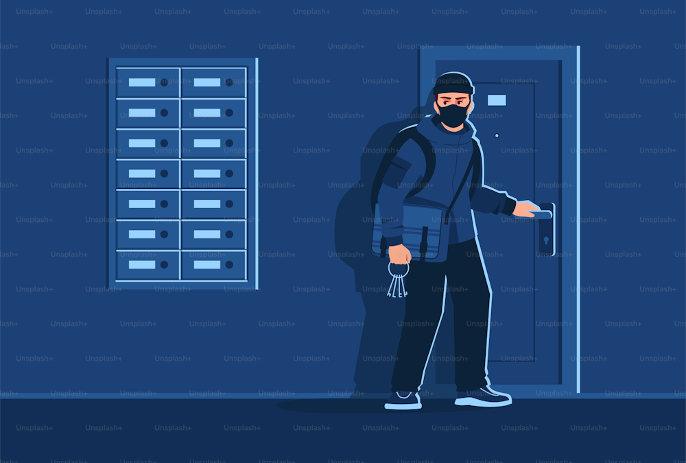 Criminal got into someone house semi flat vector illustration. Night bulgar intrusion into apartment. Stealing keys bunch. Money and precious jewelry stealing 2D cartoon character for commercial use