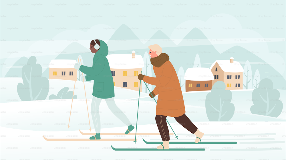 크리스마스 휴일에 스키 겨울 스포츠 활동을 하는 사람들은 벡터 삽화를 그립니다. 만화 활동적인 남자 여자 커플 스키어 캐릭터 스키, 건강한 가족 시골 휴가 배경에서 즐거운 시간