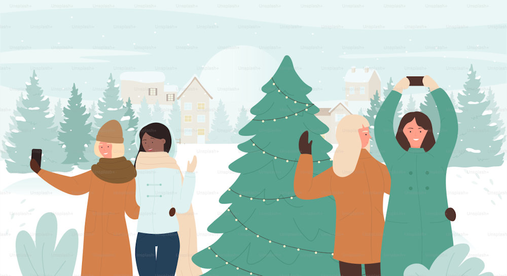 Happy people make selfie vector illustration. Cartoon girl friends characters taking selfie with camera phones, standing near decorated Christmas fir tree in snow xmas winter landscape background