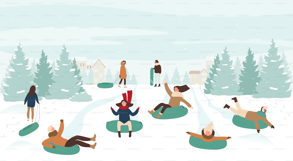 People enjoy sledge winter game, sledding downhill vector illustration. Cartoon young man woman characters ride sleds in snowy nature landscape with snow hill, wintertime healthy activity background