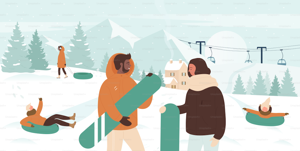 ウィンタースポーツのスノーボーダーの人々のベクターイラスト。スノーボードを持つ漫画のスポーツ的な男性女性夫婦キャラクター、山岳リゾートの雪自然の風景に立つ、冬の活動背景