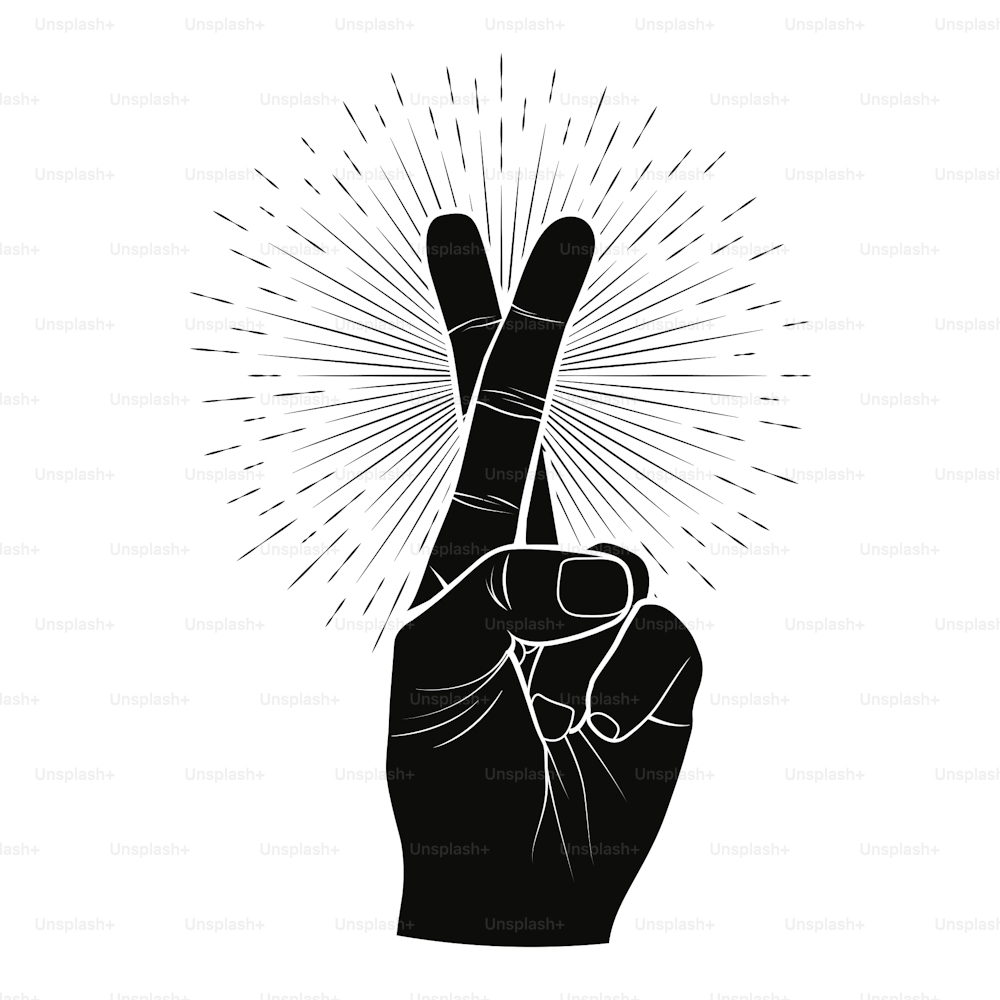 Crossed fingers. Black arm hand silhouette with crossed fingers surrounded sunburst isolated on white background. Get lucky or good luck wishing gesture. Vintage styled vector eps 10 illustration.